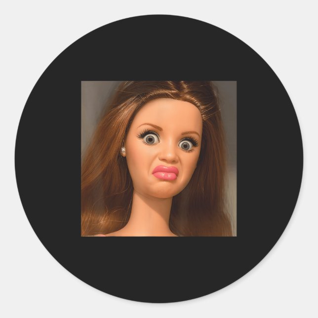 Funny Doll Face Meme Disgusting  Classic Round Sticker (Front)