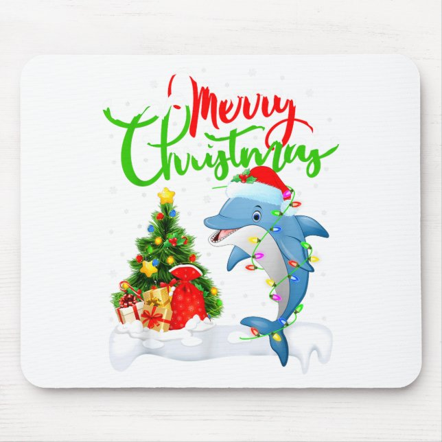 Funny Dolphin Fish Lover Xmas Lighting Dolphin Chr Mouse Pad (Front)