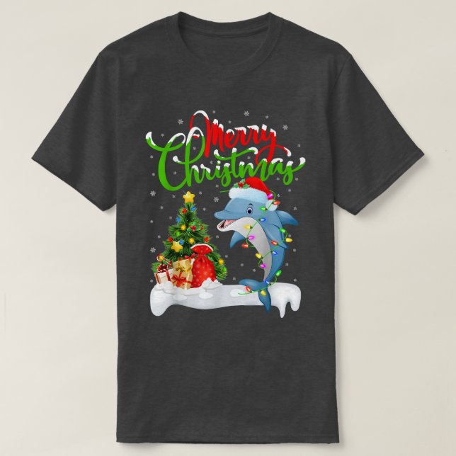 Funny Dolphin Fish Lover Xmas Lighting Dolphin Chr T-Shirt (Design Front)