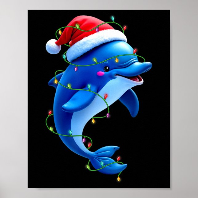 Funny Dolphin Santa Hat Christmas Tree Lights Xmas Poster (Front)