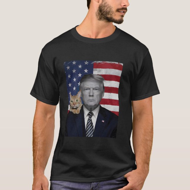 Funny Donald Trump And Cat Political USA Flag Elec T-Shirt (Front)