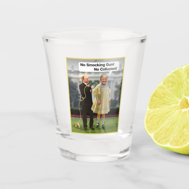 Funny Donald Trump Putin Smocking Gun Joke Shot Glass (Front)
