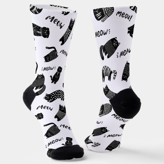 Funny Doodle Black and White Cat Socks (Angled)