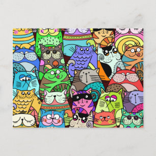 Funny Doodle Crowded Street Cat Gang Postcard