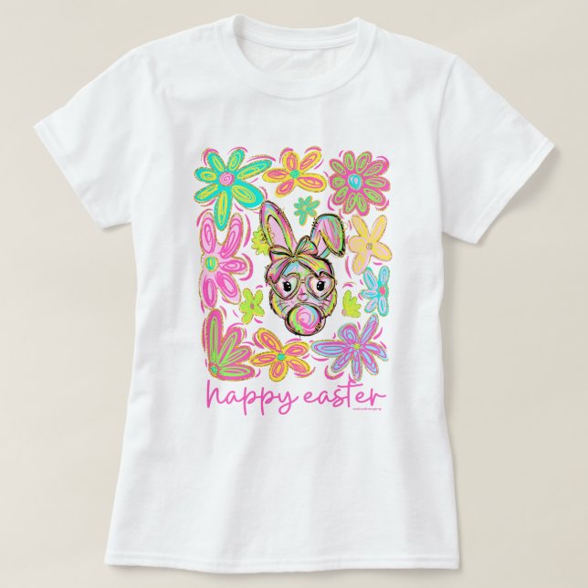 Funny Doodle Easter Bunny Flowers  T-Shirt (Design Front)