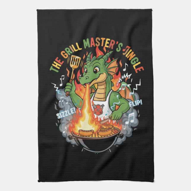  Funny Dragon Grill Master BBQ & Grilling Cartoon Tea Towel (Vertical)