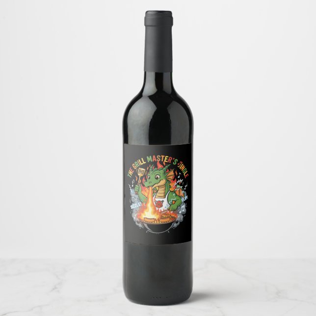  Funny Dragon Grill Master BBQ & Grilling Cartoon Wine Label (Front)