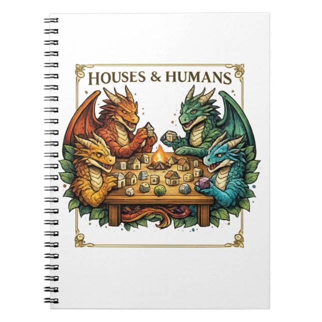 Funny Dragon Houses and Humans Fantasy Art Notebook (Front)