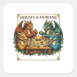 Funny Dragon Houses and Humans Fantasy Art Square Sticker