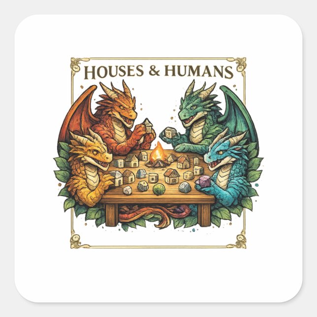 Funny Dragon Houses and Humans Fantasy Art Square Sticker (Front)