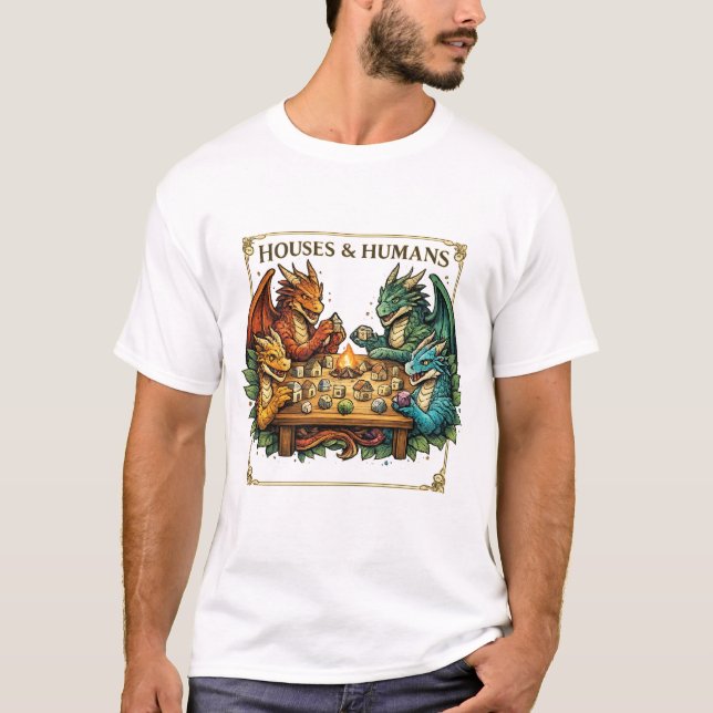 Funny Dragon Houses and Humans Fantasy Art T-Shirt (Front)