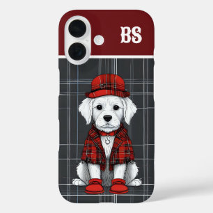 funny dressed up scottish dog - monogram - plaid iPhone 16 case