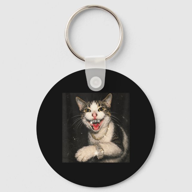 Funny Drip Cat Meme Hip Hop Bling Gangster Kitten Key Ring (Front)