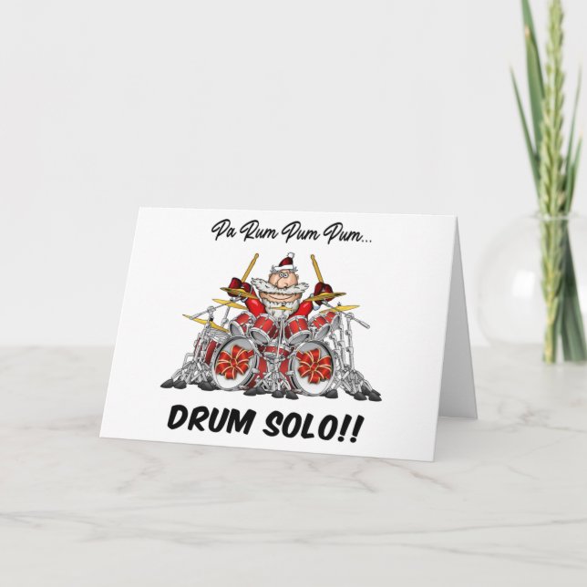 Funny Drummer Santa Musician Rock & Roll Christmas Holiday Card (Front)