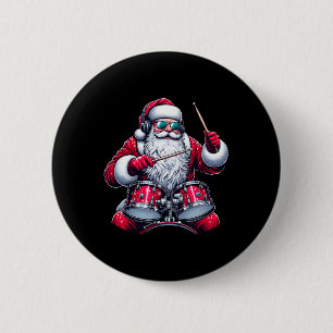 Funny Drummer Santa Xmas Santa Playing Drums  6 Cm Round Badge
