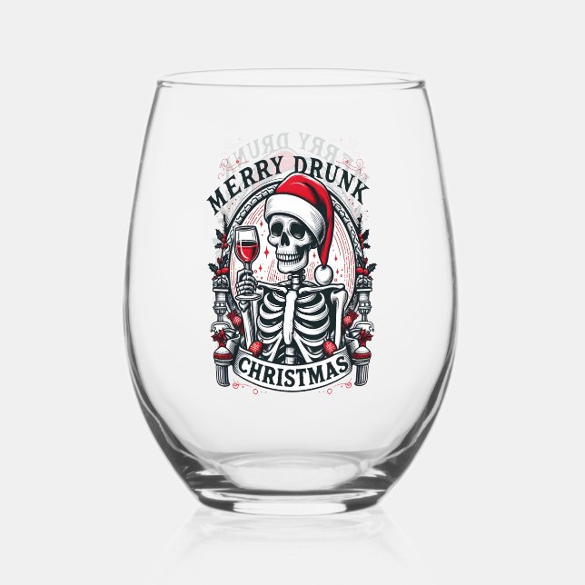Funny drunk Christmas Holiday  Stemless Wine Glass (Front)
