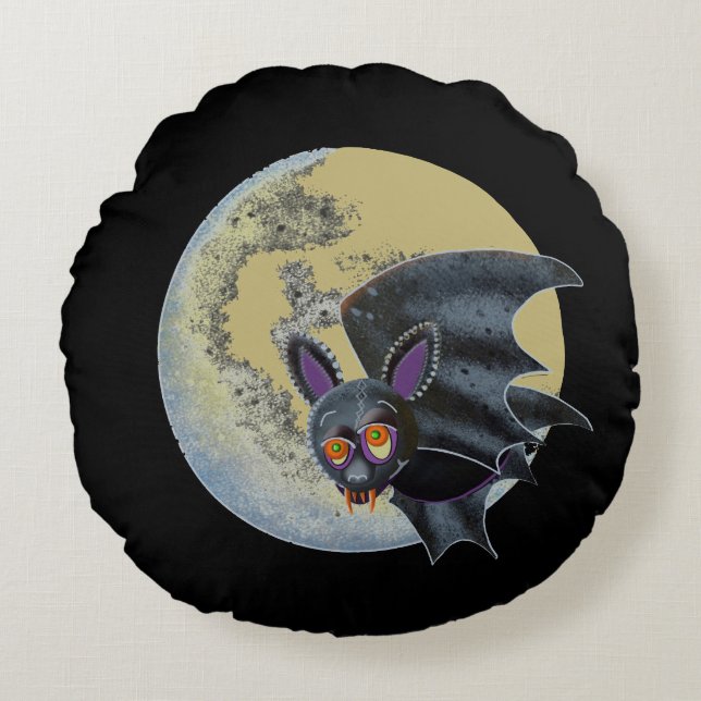 Funny Drunk Halloween Full Moon Bat Round Cushion (Front)