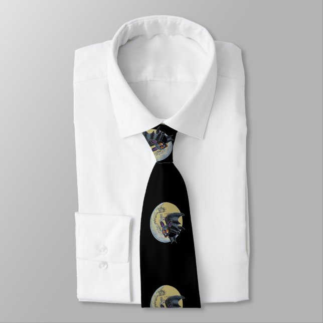 Funny Drunk Halloween Full Moon Bat Tie (Tied)