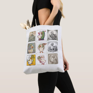 Funny Duck Illustration Grid Art Tote Bag