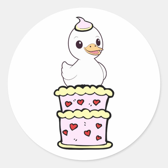 Funny Duck jumping out of a cake Classic Round Sticker (Front)