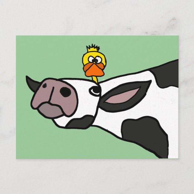 Funny Duck on a Cow Cartoon Postcard (Front)