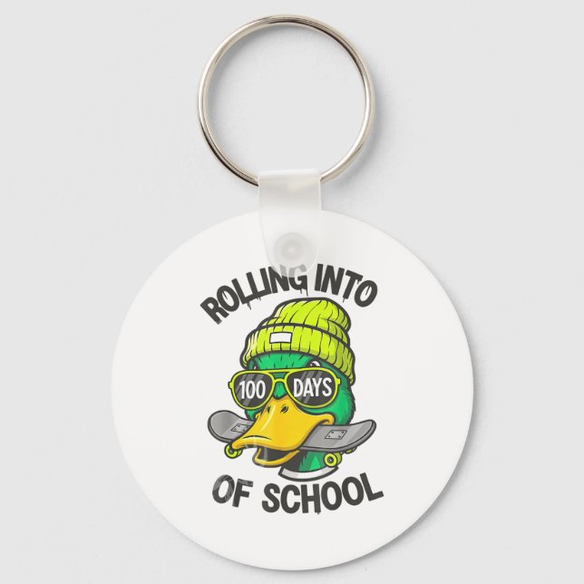 Funny Duck Skateboard 100 Days Of School Outfit  Key Ring (Front)