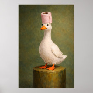 Funny Duck Toilet Paper Hat Print, Quirky Bathroom Poster