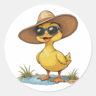 Funny Duck Wearing a Big Sun Hat and Sunglasses Classic Round Sticker