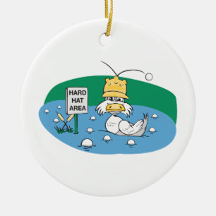 funny duck with hard hat avoiding golf balls ceramic tree decoration