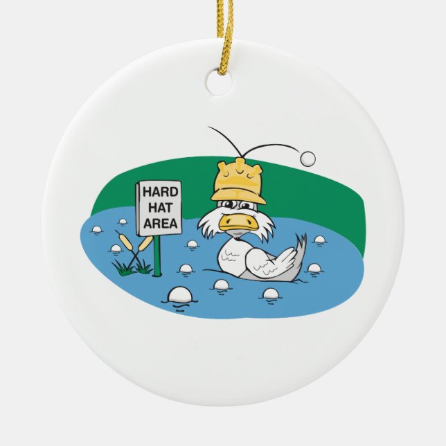 funny duck with hard hat avoiding golf balls ceramic tree decoration (Front)