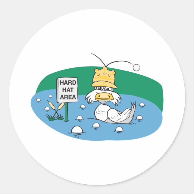 funny duck with hard hat avoiding golf balls classic round sticker (Front)
