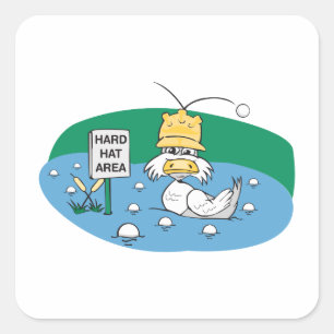 funny duck with hard hat avoiding golf balls square sticker