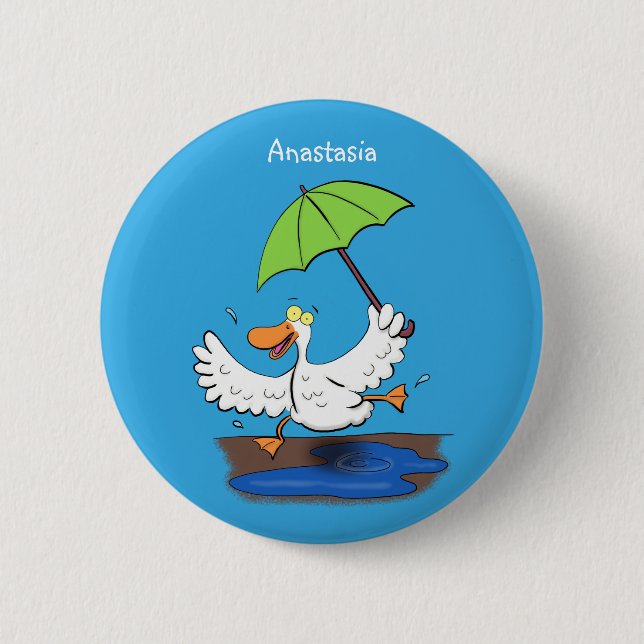 Funny duck with umbrella dancing cartoon 6 cm round badge (Front)