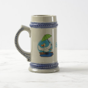 Funny duck with umbrella dancing cartoon beer stein