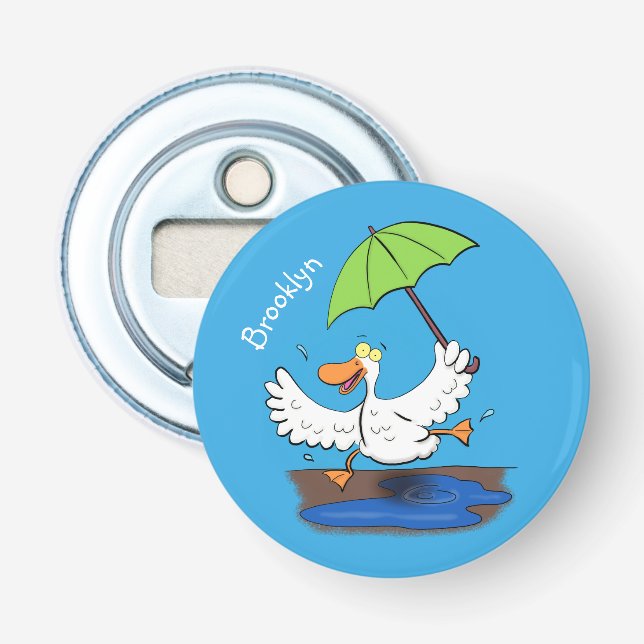 Funny duck with umbrella dancing cartoon bottle opener (Front)