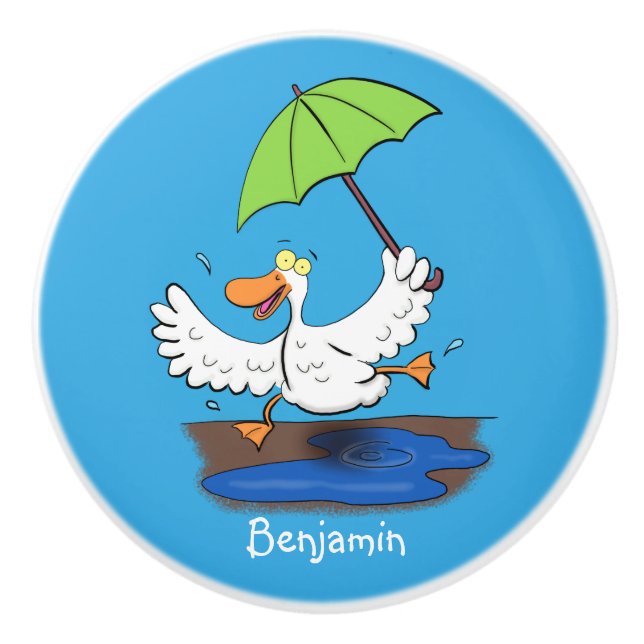 Funny duck with umbrella dancing cartoon ceramic knob (Front)