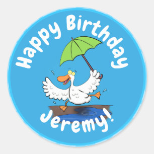Funny duck with umbrella dancing cartoon classic round sticker