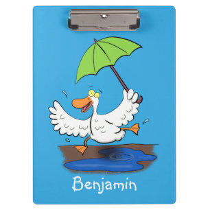 Funny duck with umbrella dancing cartoon clipboard