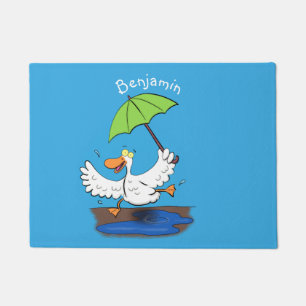 Funny duck with umbrella dancing cartoon doormat