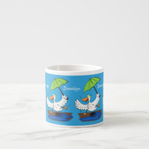 Funny duck with umbrella dancing cartoon espresso cup