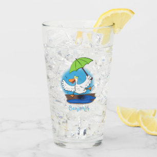 Funny duck with umbrella dancing cartoon glass