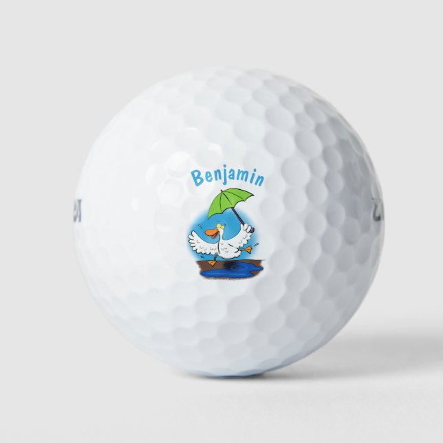 Funny duck with umbrella dancing cartoon golf balls (Front)