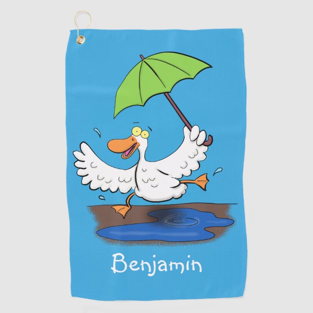 Funny duck with umbrella dancing cartoon  golf towel (Front)