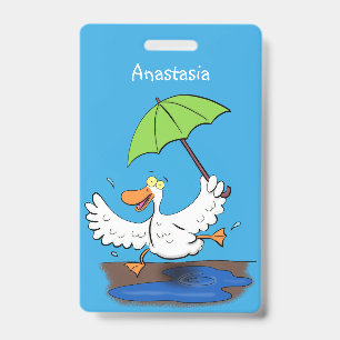 Funny duck with umbrella dancing cartoon ID badge