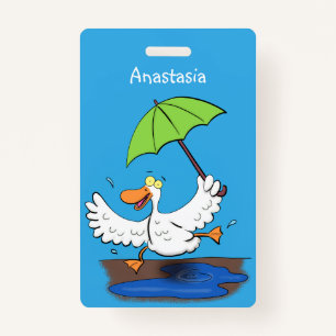 Funny duck with umbrella dancing cartoon ID badge