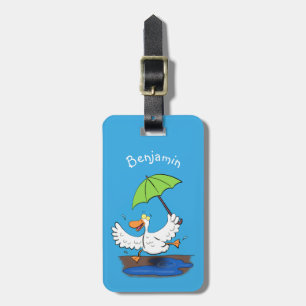 Funny duck with umbrella dancing cartoon luggage tag
