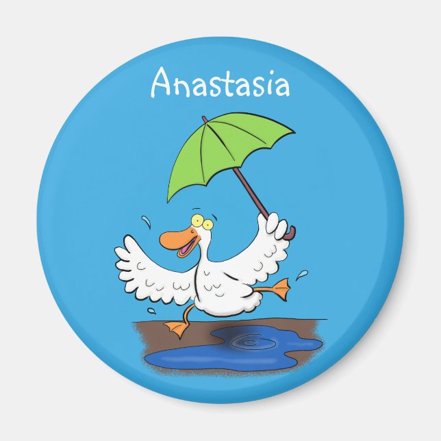 Funny duck with umbrella dancing cartoon magnet (Front)