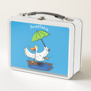 Funny duck with umbrella dancing cartoon metal lunch box