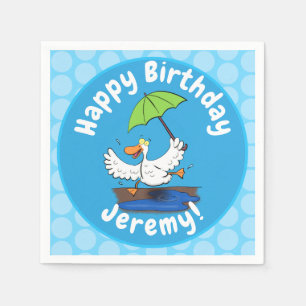 Funny duck with umbrella dancing cartoon napkin