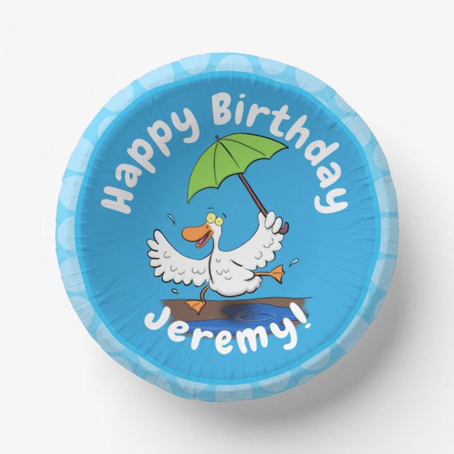 Funny duck with umbrella dancing cartoon paper plate (Front)